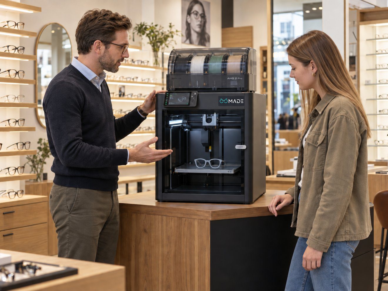 Un opticien explique la fabrication à sa cliente, devant l'imprimante OOmade posée sur le comptoir du magasin, une monture blanche en cours d'impression sur le plateau.
