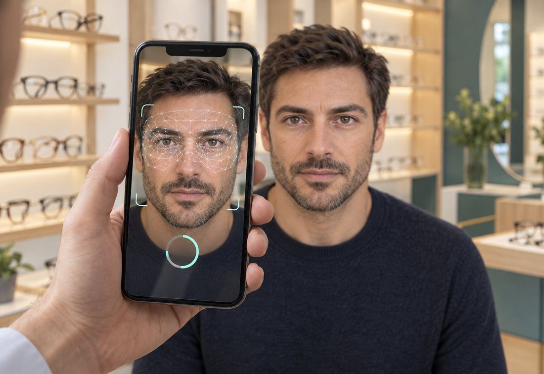 L'opticien relève la morphologie du visage de son client au smartphone, le maillage de mesure affiché à l'écran