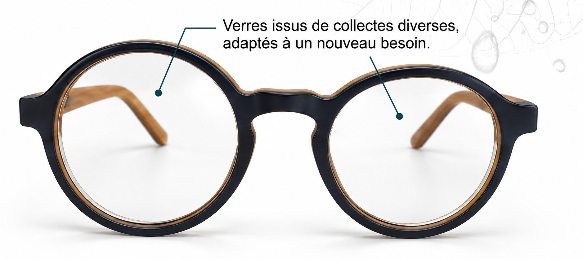Une monture ronde OOmade, vue de face : les deux verres viennent de collectes différentes et sont remontés sur la même monture