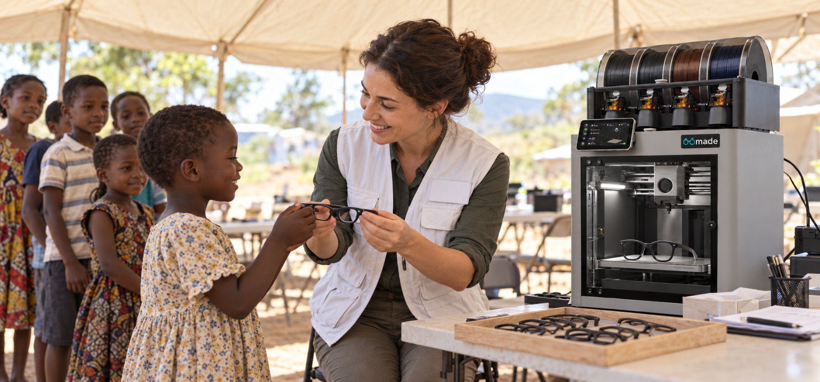 Une bénévole remet une monture imprimée à une petite fille lors d'une mission humanitaire, l'imprimante OOmade installée sous la tente
