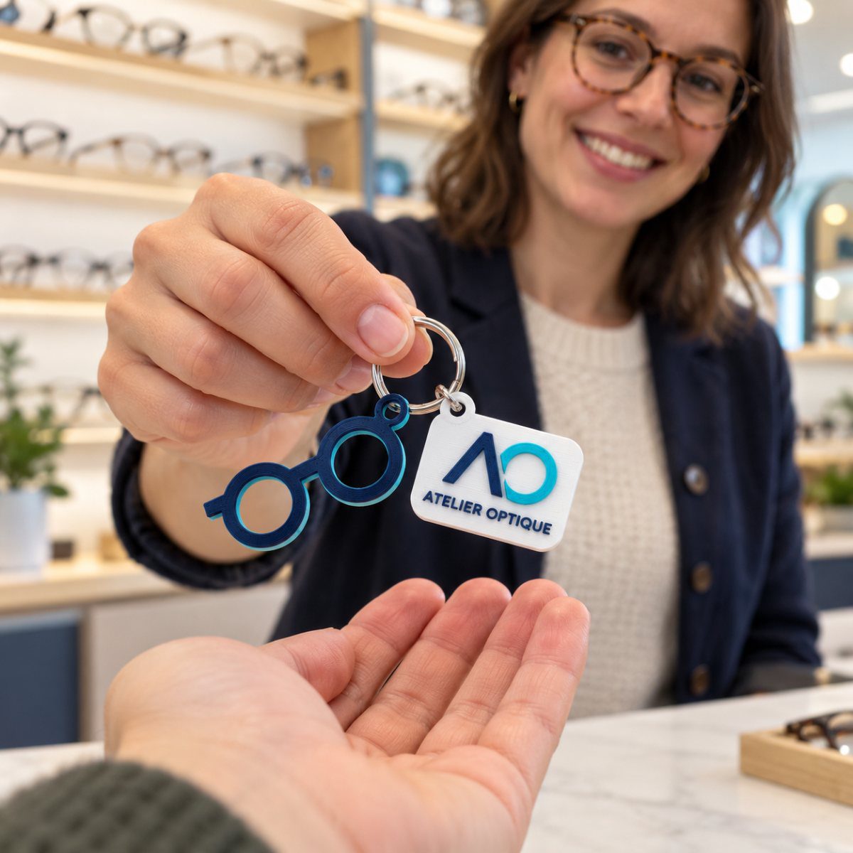 Une opticienne tend à sa cliente un porte-clés imprimé aux couleurs du magasin