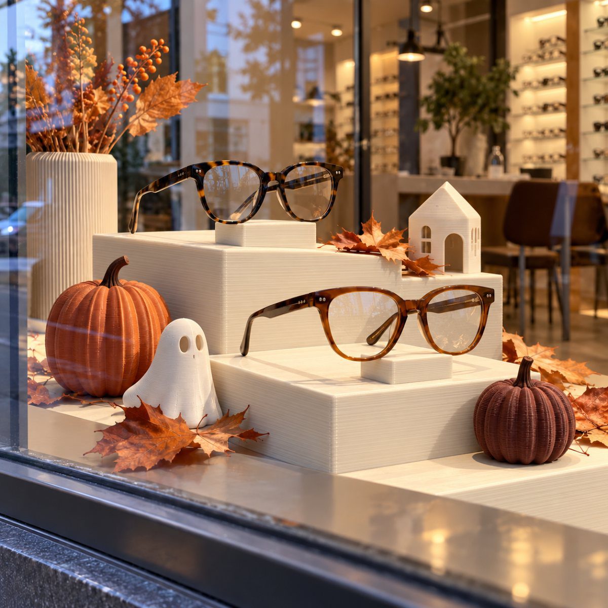 Vitrine d'opticien décorée pour Halloween : citrouilles, fantôme et feuilles imprimés, montures en présentation