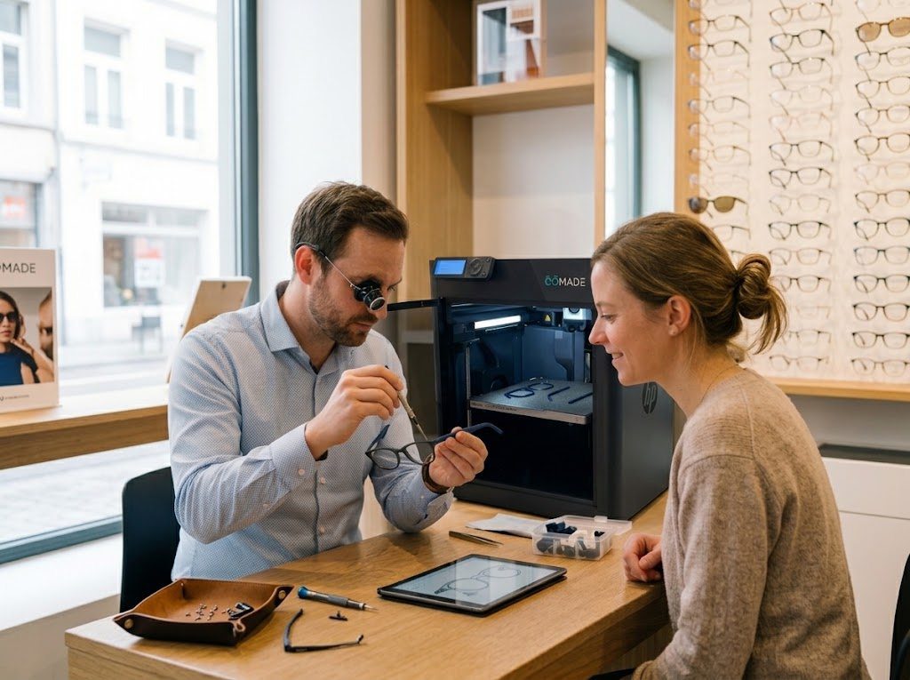 Optikas ir jo klientė prie prekystalio, tarp jų – spausdintuvas