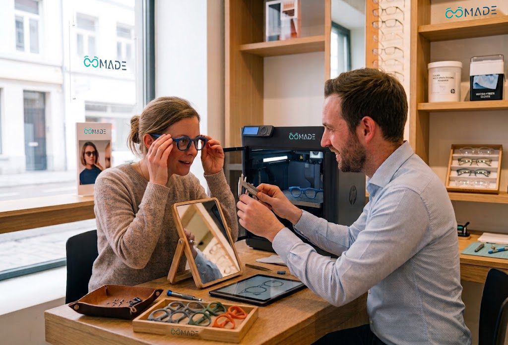 Une cliente essaie devant le miroir une monture imprimée au magasin, son opticien à côté d'elle